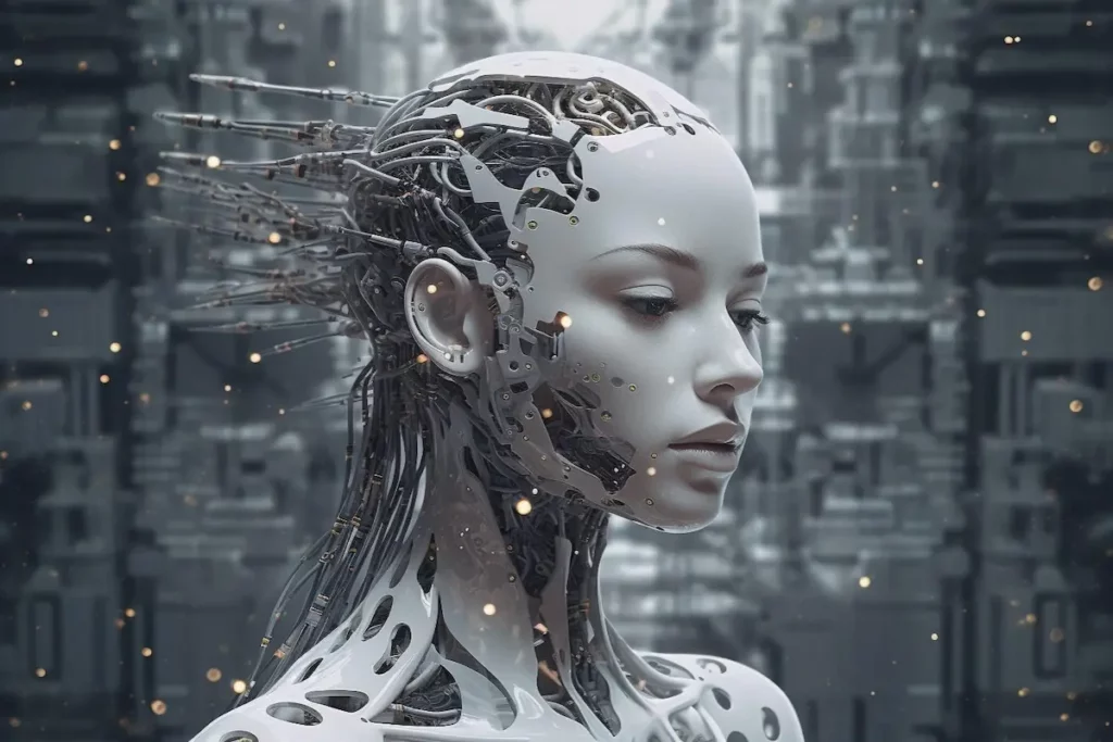 Portrait robot femme futuriste technologie avancée.