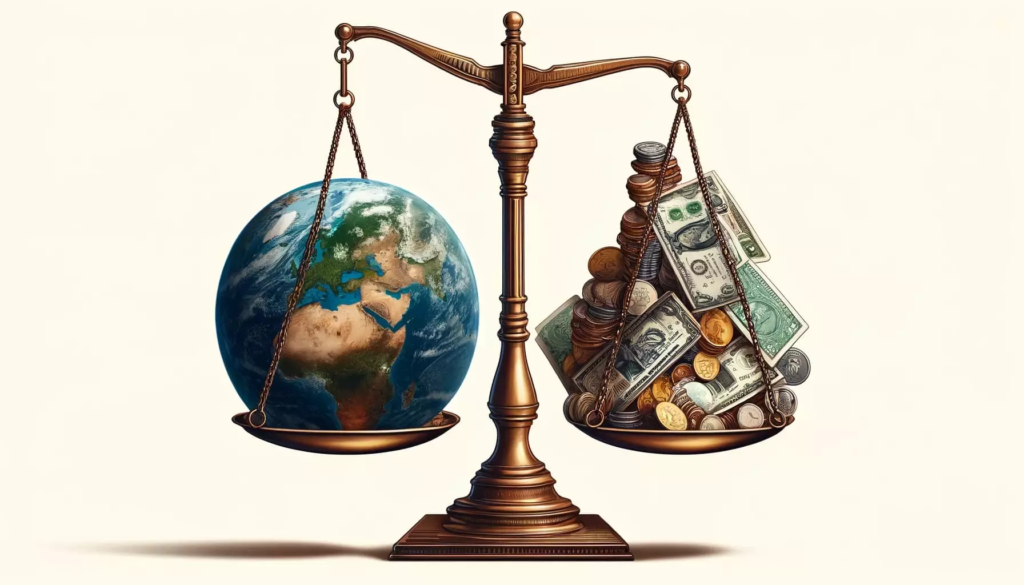 Image conceptuelle illustrant l'équilibre délicat entre écologie et économie : une balance de justice pesant la Terre contre un amas de monnaie et de billets de banque, symbolisant le défi de l'économie éthique face aux impératifs financiers.